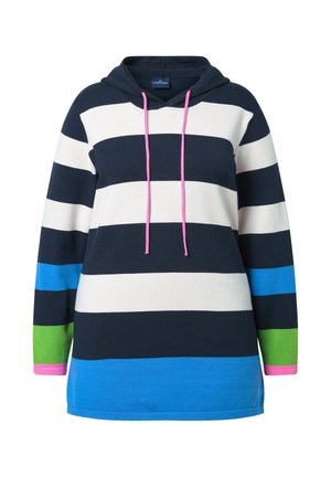 Pull à capuche rayé avec des bandes horizontales bleu marine, blanches, bleues et vertes, doté de cordons de serrage roses et de poignets de manches roses.