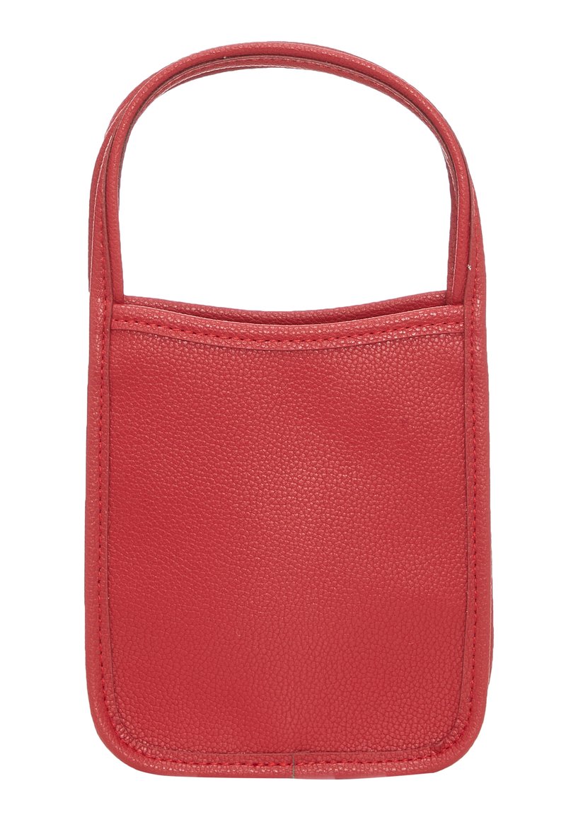Borsa in pelle rossa con una texture liscia, caratterizzata da un design semplice, due manici e una forma rettangolare. Nessun hardware o motivi visibili.