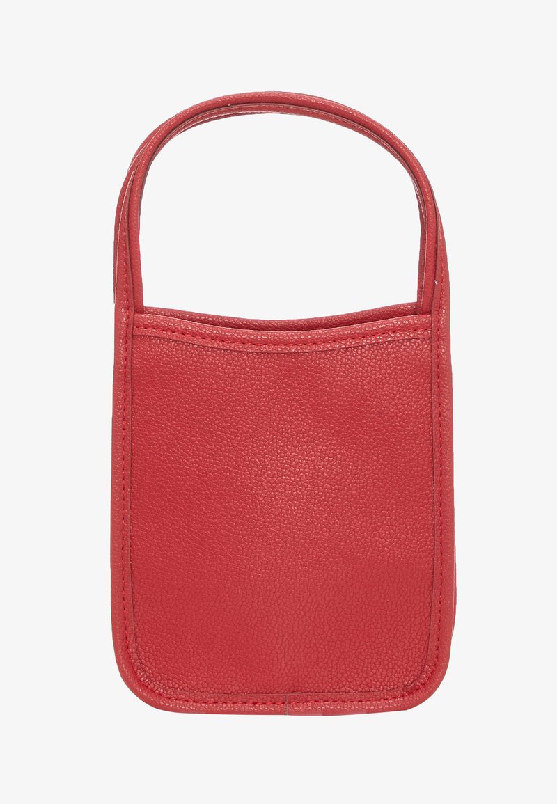 Borsa in pelle rossa con una texture liscia, caratterizzata da un design semplice, due manici e una forma rettangolare. Nessun hardware o motivi visibili.