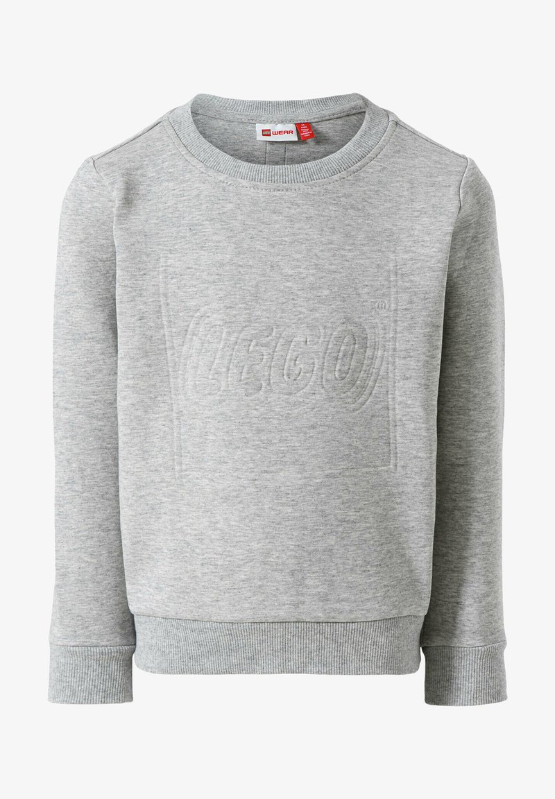 Gray sweatshirt with a textured embossed LEGO logo on the front. Features a round neckline and ribbed cuffs and hem for comfort.
