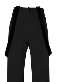 Zwarte waterdichte broek met verstelbare zwarte bretels, dubbele knoopsluiting en een gladde textuur met een logo op het onderbeen.