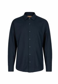Mörkblå långärmad skjorta i slätt tyg, med knäppning framtill, spetsig krage och manschetter. Enkel design utan mönster.