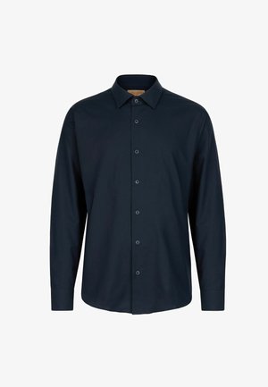 Camicia a maniche lunghe blu scuro realizzata in tessuto morbido, con apertura frontale bottonata, colletto a punta e polsini. Design semplice senza motivi.