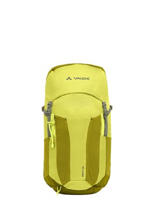 Sac à dos Vaude Brenta 24 de couleur jaune-vert vif, avec poches avant, fermetures éclair et sangles latérales ajustables, présenté sur fond blanc.