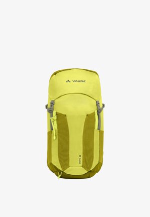 Zaino Vaude Brenta 24 di colore giallo-verde brillante con tasche frontali, cerniere e cinghie laterali regolabili, mostrato su sfondo bianco.