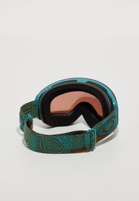 Simmarglasögon med ram i teal plast, brun rem med ett vågigt mönster och rosa tonade linser. Inuti finns svart skumvaddering för komfort.