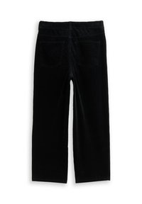 Zwarte ribfluwelen broek met een wijde pijp, voorzien van een textuur, twee achterzakken en een comfortabele tailleband.