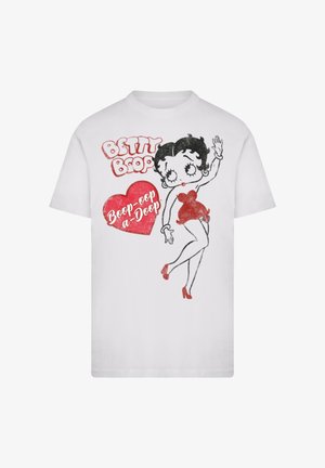 White T-shirt with Betty Boop character in red dress and heels, next to a red heart with text "Boop-oop a-Doop."