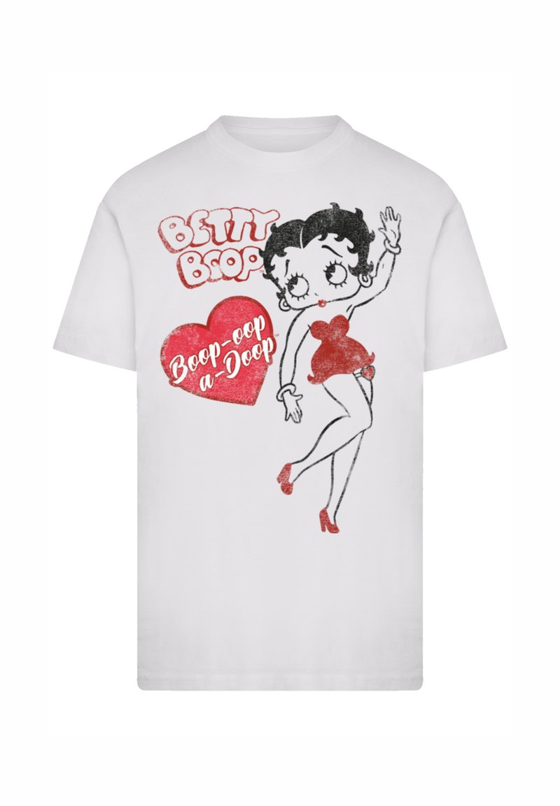 Weißes T-Shirt mit der Betty Boop Figur in rotem Kleid und hohen Schuhen, neben einem roten Herz mit dem Text "Boop-oop a-Doop."