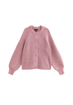 Roze gebreid vest met ronde halslijn, lange ballonmouwen en een sluiting aan de voorkant met bijpassende roze knopen.