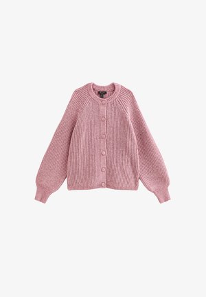 Cardigan rose tricoté avec encolure ronde, manches ballon longues et fermeture à bouton pression à l'avant avec des boutons roses assortis.