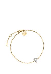 Gold chain bracelet with a lobster clasp, featuring a silver decorative letter "Q" adorned with clear rhinestones.