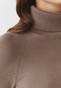 Brązowy sweter typu golf z dzianiny, z prążkowanym kołnierzem i podwyższonymi szwami. Gładka tekstura i dopasowany krój.