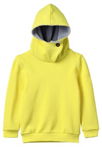 Žlutá mikina s kapucí a texturovaným povrchem, šedá podšívka, vysoký límec a knoflíkový detail u krku. Úzké rukávy a lem.