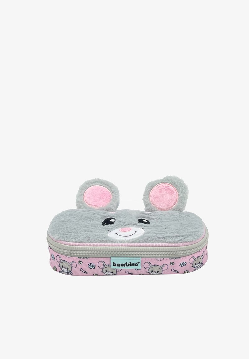 Gray plush pencil case with pink accents, featuring a mouse design with ears, a smiling face, and a zip closure. Patterns of flowers and mice.