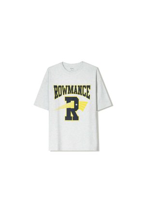 Gray cotton t-shirt featuring bold black and yellow "ROWMANCE" text and a large stylized "R" with a star and curved lines in the design.