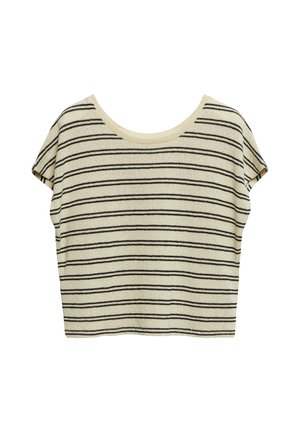 Beżowy krótki sweterek z czarnymi poziomymi paskami i szerokim, okrągłym dekoltem.