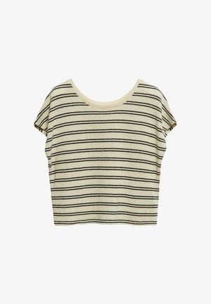 Beige short-sleeve knit top with black horizontal stripes and a wide round neckline.