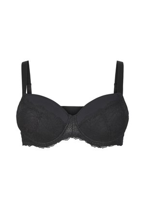 Black bra with lace detailing at the top, smooth fabric cups, adjustable straps, and a hook-and-eye closure at the back.