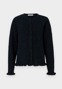 Černý huňatý kardigan na knoflíky s dlouhými rukávy, kulatým výstřihem a volánkovými okraji na manžetách a dolním lemu.