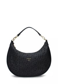 Borsa a forma di mezzaluna nera con motivo ripetuto del testo "ROMAINO GATTINO", hardware dorato e una sola tracolla nera.