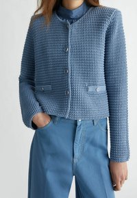 Vaaleansininen neulottu takki teksturoidulla kuviolla, pyöreällä pääntiellä, nappikiinnityksellä ja kahdella sivutaskulla. Yhdistetty sinisiin farkkuihin.