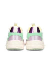 Colorful sneakers featuring a mix of pastel green, yellow, lavender, and white materials; textured fabric and metallic accents.