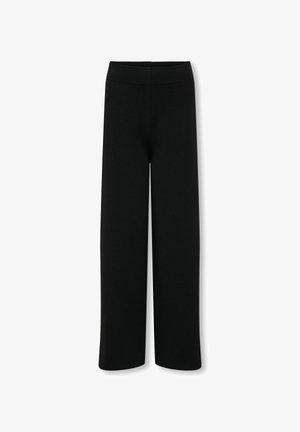 Pantaloni neri a palazzo con vita elasticizzata; realizzati in un tessuto liscio, presentano un design semplice e privo di decorazioni con un taglio dritto.