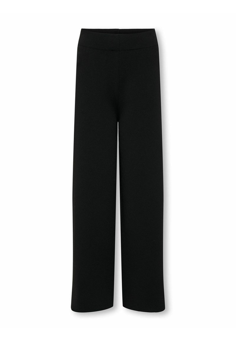 Zwarte wijde broek met een elastische tailleband; gemaakt van een gladde stof, met een eenvoudig, onopgemaakt ontwerp en rechte snit.