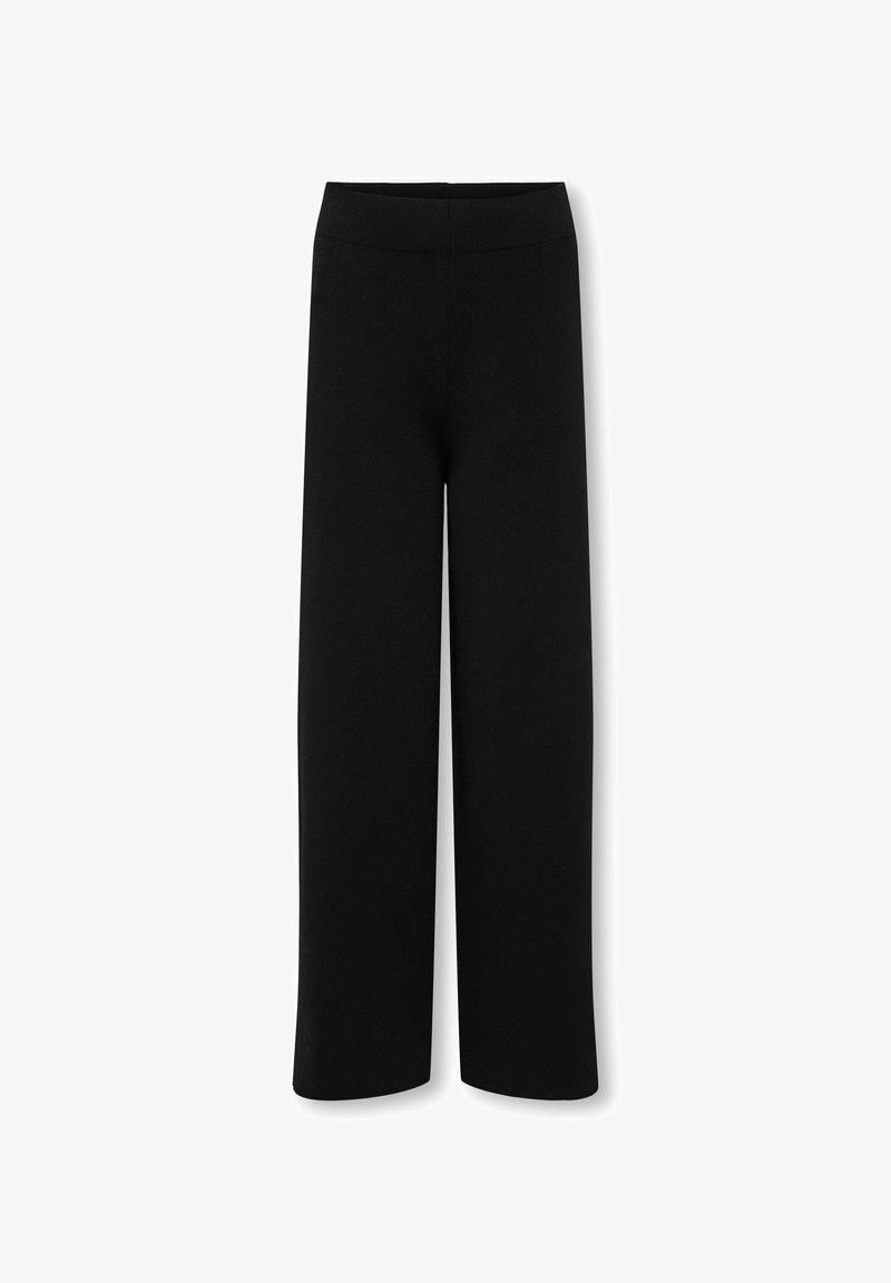 Zwarte wijde broek met een elastische tailleband; gemaakt van een gladde stof, met een eenvoudig, onopgemaakt ontwerp en rechte snit.