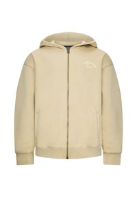Felpa beige con zip, realizzata in tessuto morbido, dotata di cappuccio, tasche frontali, polsini a costine e design del logo testuale sulla parte superiore sinistra.