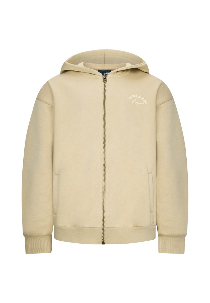 Felpa beige con zip, realizzata in tessuto morbido, dotata di cappuccio, tasche frontali, polsini a costine e design del logo testuale sulla parte superiore sinistra.