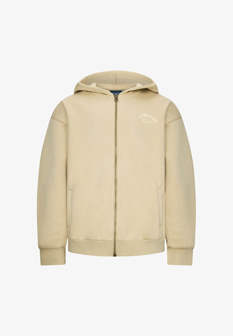 Felpa beige con zip, realizzata in tessuto morbido, dotata di cappuccio, tasche frontali, polsini a costine e design del logo testuale sulla parte superiore sinistra.