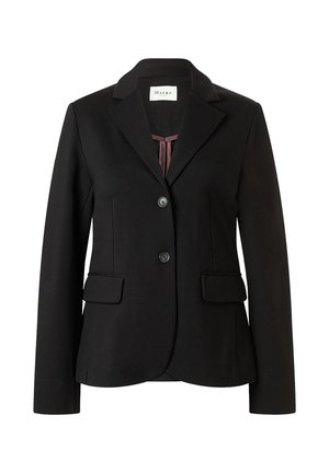 Black tailored blazer with two buttons, notched lapels, flap pockets, and a purple inner lining visible at the neckline.