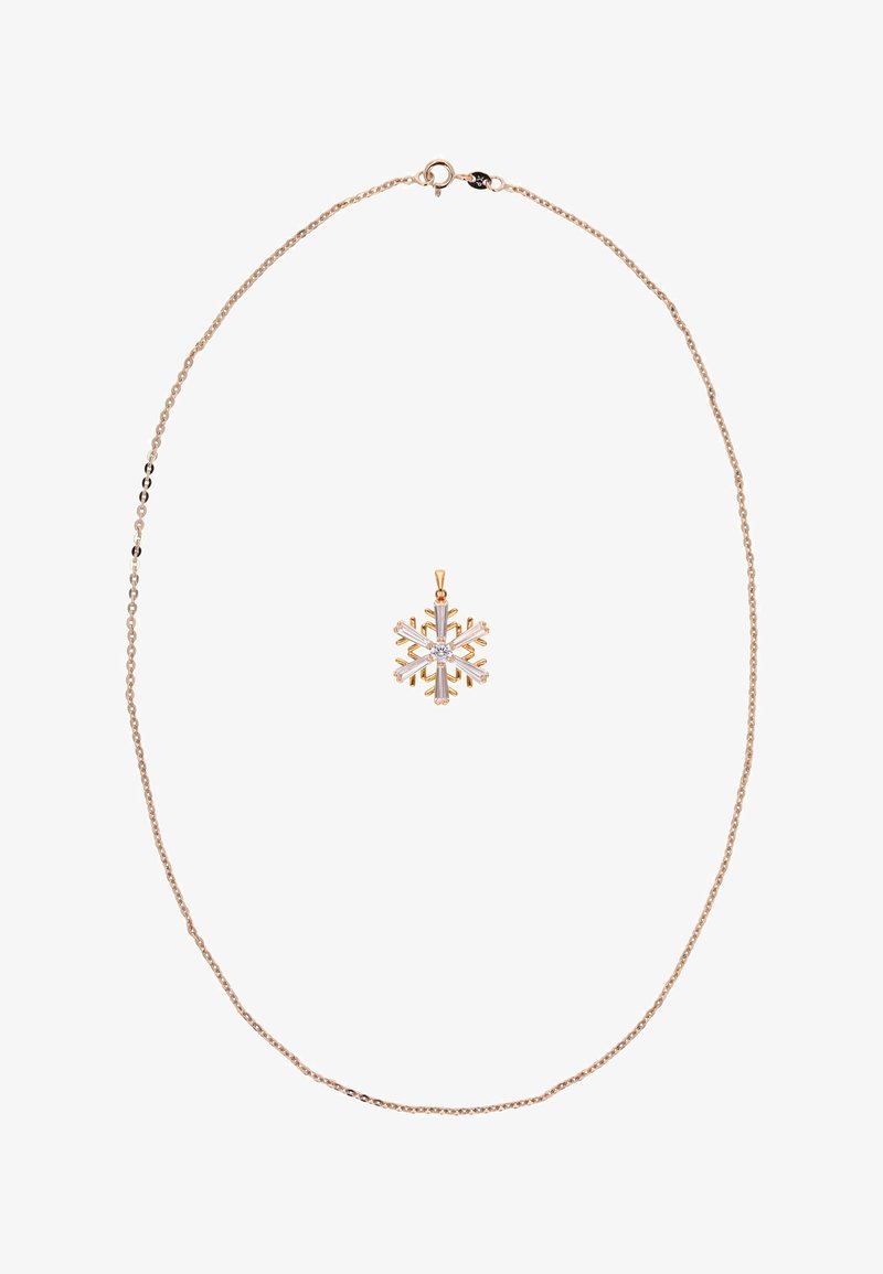 Aranyszínű lánc nyaklánc hópehely medállal. A medál központi kövekkel és hat, hópelyhet formázó ággal díszített, részletgazdag megjelenést kölcsönözve.