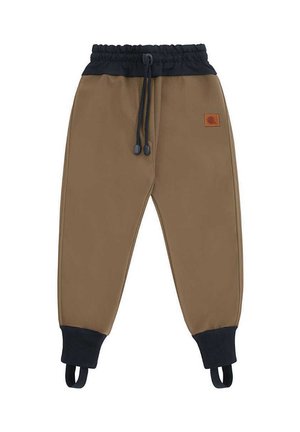Brązowe spodnie dresowe z czarnym elastycznym paskiem w talii i mankietami, regulowany sznurek oraz paski na stopie przy mankietach u dołu nogawek.