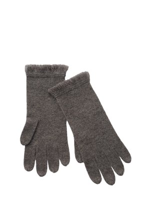 Pair of dark gray knitted gloves with a soft, fuzzy cuff detail, designed for warmth and comfort.
