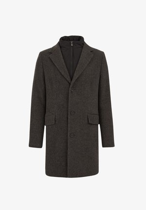 Abrigo de lana gris oscuro con solapas, diseño de un solo pecho, tres botones, dos bolsillos laterales y un forro negro con cremallera.