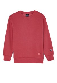 Felpa rossa a maniche lunghe con collo a girocollo, con piccoli loghi Champion sul polsino sinistro e vicino all'orlo inferiore.