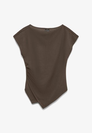 Rudas trumpomis rankovėmis palaidinė su plačia iškirpte ir įstrižu apdailos kraštu. Audinys atrodo minkštas, šonuose surinktas detalės.