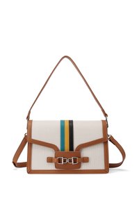 Borsa in pelle marrone e tela con forma strutturata, caratterizzata da strisce blu, nere e gialle, e un dettaglio con fibbia argentata.
