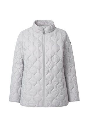 Hellgraue gesteppte Jacke mit hohem Kragen, einem sechseckigen Muster, durchgehendem Reißverschluss und langen Ärmeln. Weiche, gepolsterte Textur.