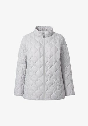 Lysegrå quiltet jakke med høj krave, med et hexagonalt mønster, lynlåslukning foran og lange ærmer. Blød, polstret tekstur.