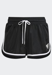 Mustat urheilushortsit, joissa on teksturoitu pinta, joustava vyötärö, valkoinen nyöri ja kontrastivalkoiset kylkilinjat. Sisältää Adidas-logon.