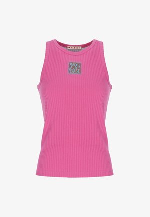 Canotta rosa senza maniche a coste con scollo rotondo e piccolo logo quadrato ricamato in blu e beige al centro del petto.