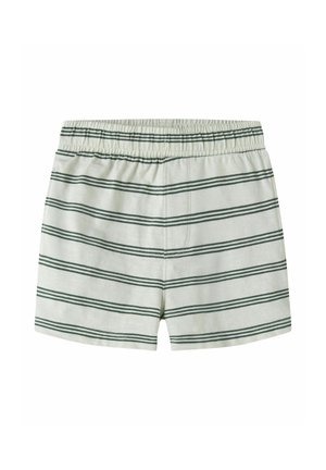 Άσπρα σορτς με ελαστική μέση και οριζόντιες σκούρες πράσινες ρίγες, απλός σχεδιασμός χωρίς ορατές τσέπες ή λογότυπα.