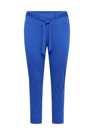Blue tapered pants made of stretchy fabric with a belted waist, featuring a smooth texture and a mid-calf length.