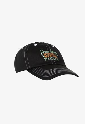 Black cotton baseball cap with contrasting white stitching. Features "Freedom" in green and "wherez" in orange embroidered on the front.