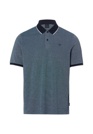 Męski niebieski polo z krótkim rękawem, granatowym kołnierzykiem i mankietami, dwoma czarnymi guzikami oraz małym haftowanym logo na lewej piersi.