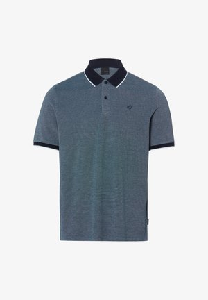 Męski niebieski polo z krótkim rękawem, granatowym kołnierzykiem i mankietami, dwoma czarnymi guzikami oraz małym haftowanym logo na lewej piersi.